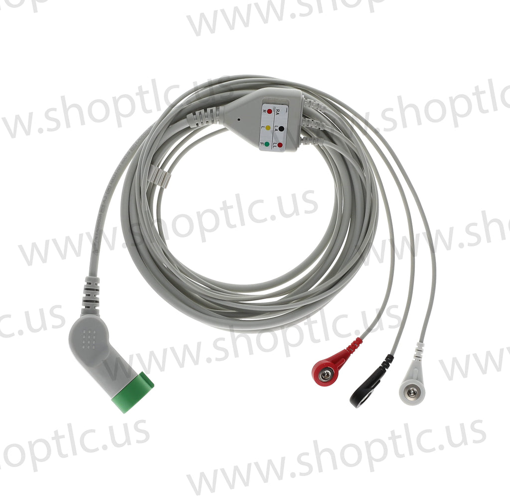 One-Piece Series ECG Cable, 3Lead, Snap, AHA, TPU - EA066S3A